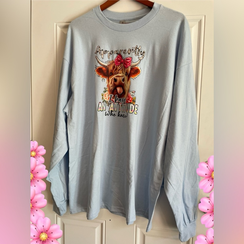 Women’s Long Sleeve Shirt. 2XL, Light Blue With A Cute Cow Print. NWOT - Picture 2 of 7